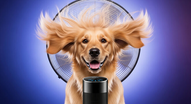 Golden retriever dog with windswept fur from a fan, next to an air purifier on a blue-purple background, symbolizing pet comfort. Perfect for a product display mockup