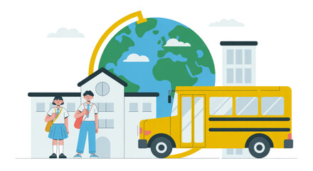 Naklejka premium A colorful illustration of a school scene with a yellow bus, students, and a globe on transparent background