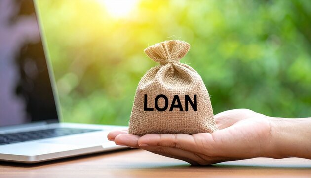 Close-Up of a Person's Hand Holding a Burlap Money Bag Labeled "LOAN" Resting on a Wooden Desk with a Blurred Laptop in the Background