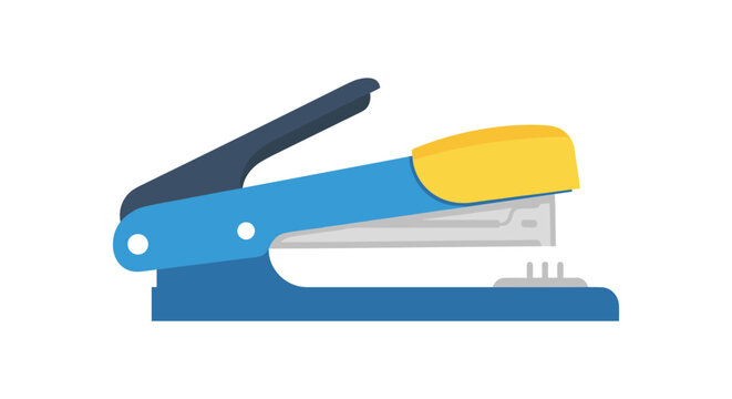 blue and yellow stapler on white background