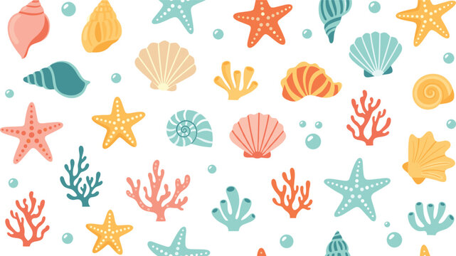 Colorful Sea Shells and Starfish Collection with Coral Reef Elements Cute Marine Ocean Illustration Set for Summer Designs, Beach Graphics, Stickers and Coastal Themes