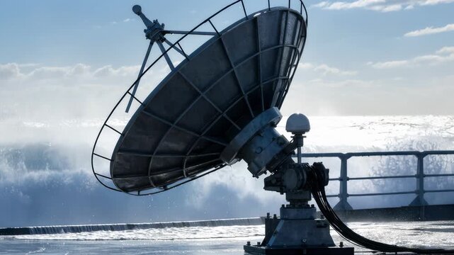 Medium shot of a maritime satellite antenna on a ship deck sharply focused with blurred ocean waves and ship railing in the background.