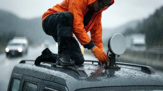 Medium shot of technician securing a compact VSAT antenna on the roof of a rugged van with blurred highway scenery in the background.