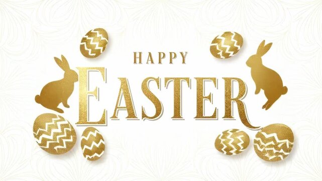 Slow zoom of golden easter decoration elements shifting on white patterned background with rabbit silhouettes and eggs in studio flat lay composition