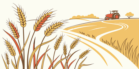 Wheat field with a red tractor on a winding road landscape agriculture © Abu
