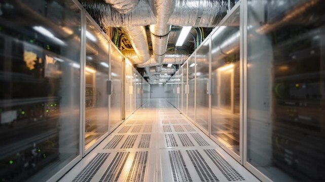 Medium shot focusing on hot aisle enclosed corridor features highlighting insulated overhead ductwork and raised floor cooling vents while other elements stay softly defocused.