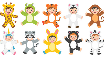 Obraz premium A colorful illustration of children wearing various animal costumes on transparent background