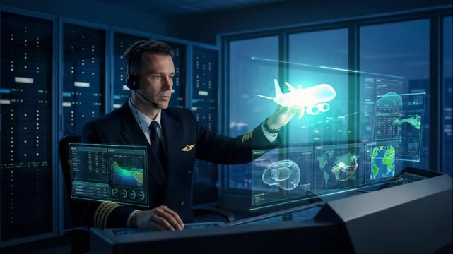 Pilot working with futuristic holographic interface in flight control room. Air traffic control ensures safe navigation. Technology enhances security and efficiency.