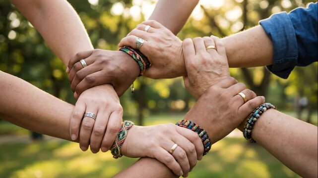 Diverse hands unite in friendship and solidarity. People connect with each other in bright green park. Positive vibes and collaboration create warm atmosphere.
