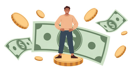 A cartoon man stands confidently on a coin surrounded by floating cash and coins on transparent background © MDSAJU