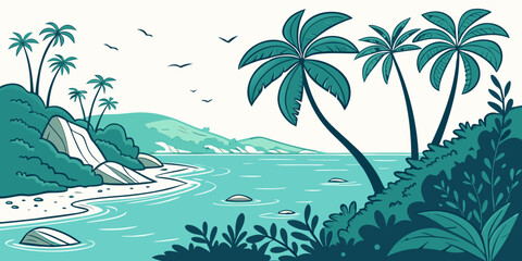 Tropical island landscape with palm trees and sea sandy beach exotic © Abu