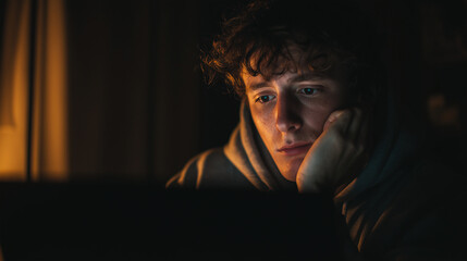 Fototapeta premium Tired young adult looking at laptop late at night, dim light, stressed expression, photorealistic, film grain, authentic lifestyle, real life, candid moment, remote work, everyday