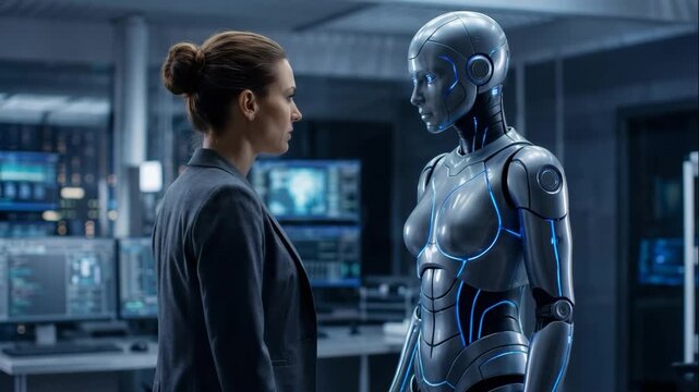 Human meets robot in advanced tech environment. Futuristic interaction showcases artificial intelligence and robotics. Collaboration highlights innovation and synergy.