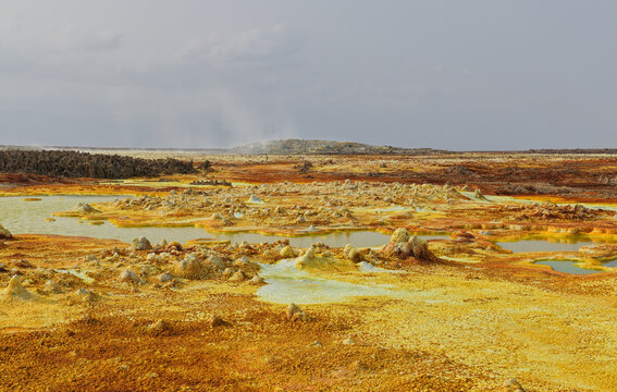 Colorful sulfur landscape with geothermal pools in Dallol, Ethiopia