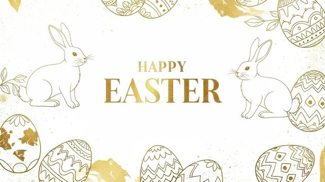 Easter greeting card design featuring gold outlined rabbit and decorated eggs surrounding happy easter text on white textured background