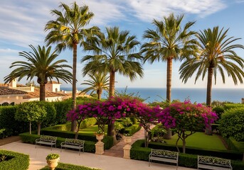 Fototapeta premium Tropical garden with palm trees and vibrant flowers by the ocean