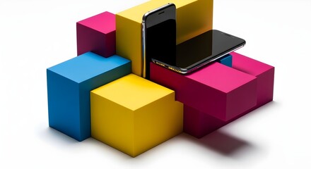 Obraz premium Smartphones and Colorful Blocks on White Background.