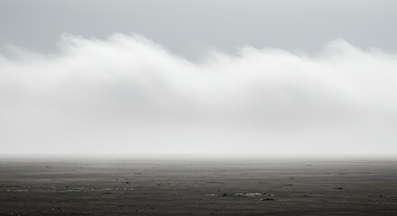 Fototapeta premium A vast, abstract expanse of white vapor covering a flat, desolate field. Atmospheric, ethereal background texture emphasizing emptiness and soft light, fog, abstract, vast