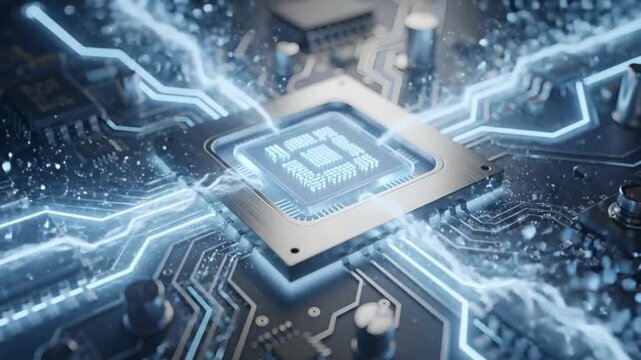 High speed processor microchip animation video with electric data flow on motherboard circuit, advanced semiconductor computing technology and futuristic digital system concept