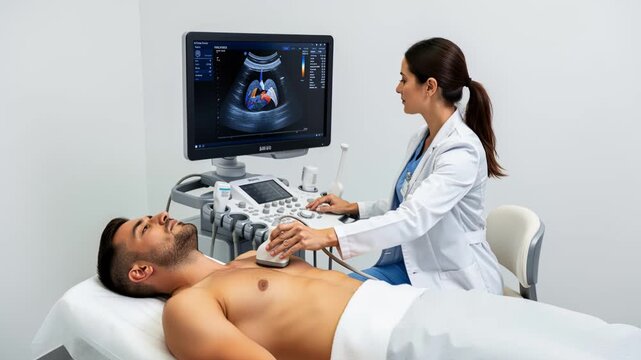 Female sonographer performing cardiac ultrasound on male patient