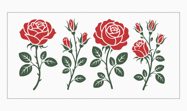 Red Rose Flower Vector Collection with Botanical Blossom and Rosebud for Floral Wedding Design