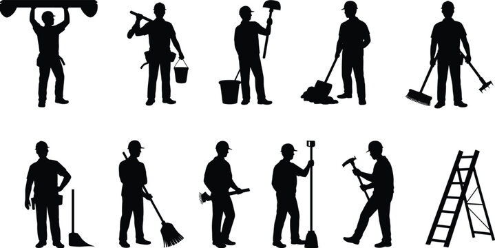 Construction worker silhouettes collection, builders with tools and equipment poses set, industrial labor vector illustration, black worker shapes isolated