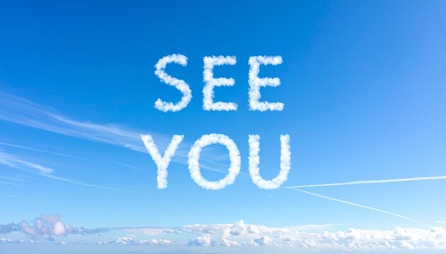 Inspirational Skywriting Image of the Words "SEE YOU" Formed by Fluffy White Clouds Against a Clear Blue Sky Above a Low Horizon of Distant Clouds