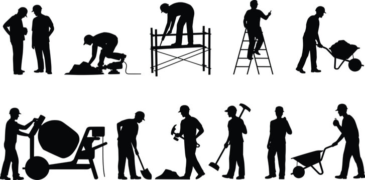 Construction worker silhouettes collection, builders working with tools set, industrial labor vector illustration, black worker shapes isolated design