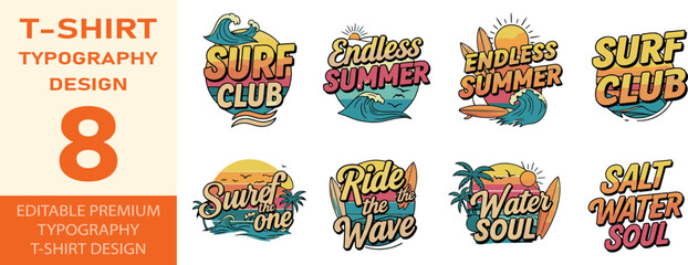 Surf themed t-shirt designs with tropical elements and vintage text © JOBAER GRAPHIC