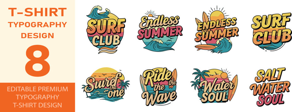 Surf themed t-shirt designs with tropical elements and vintage text