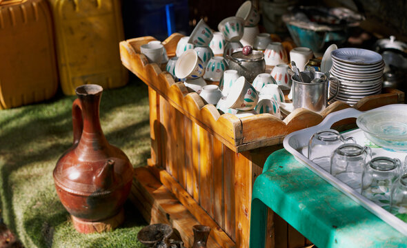 Ethiopian coffee ceremony setup with traditional jebena and cups