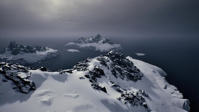 soft dawn light on snowy ridge with pastel horizon, calm sea and distant islands framed by gentle frost, tranquil winter atmosphere and crisp aerial clarity