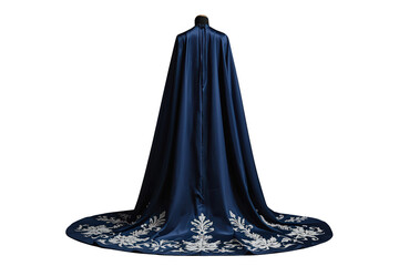 Naklejka premium Blue satin cape with white floral embroidery, rich royal garment, cloak of luxury on a transparent background