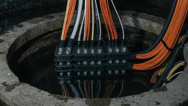 Focused medium shot of an open manhole showing neat splice trays and organized fiber cables in a damp environment with dark unfocused underground chamber walls