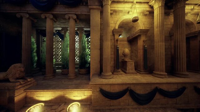 Quiet gallery with reclining lion sculpture and marble pilasters, polished floors reflecting soft directional lighting, open view to verdant courtyard, curated