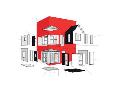 Black and white exploded-view concept of modular housing components separated in layers, large red geometric block offset behind for emphasis, subtle diagonal