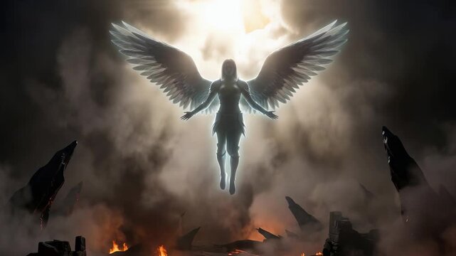 Heavenly figure descends over smoldering destruction with commanding presence