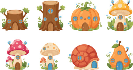 Cartoon fantasy house illustration with mushroom, pumpkin, snail shell, and tree stump designs for fairy tale themes © Creative Rayhan