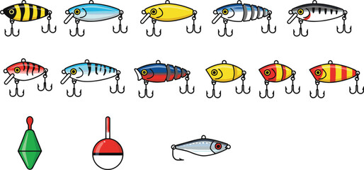 Cartoon fishing lures and bobbers illustration with colorful hooks and tackle for sport and recreational fishing design © Creative Rayhan