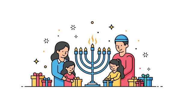 Family Hanukkah gathering illustrated by a simple menorah surrounded by small gift box icons and subtle star accents, conveying togetherness and festive joy.