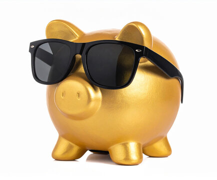 Goldenes Sparschwein mit schwarzer Sonnenbrille