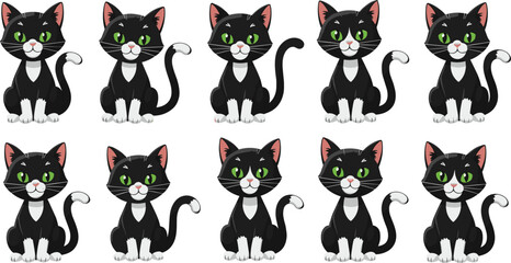 Obraz premium Cute Black Cat Character Collection with Green Eyes Sitting Poses Cartoon Kitty Mascot Set for Pet Illustrations, Stickers, Children Designs and Animal Icons