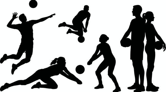 volleyball players in dynamic action poses showing set spike and dig silhouettes on white background, concept for sports promotion, fitness campaign and teamwork development