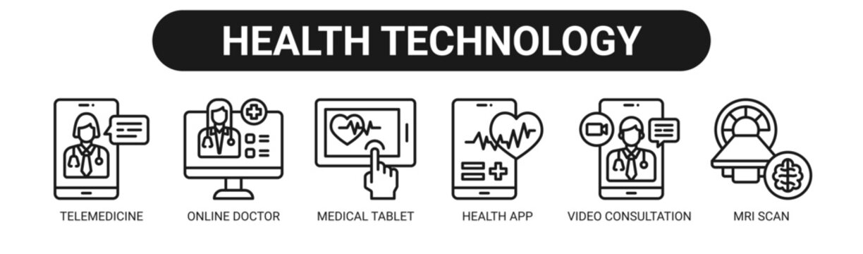 Health Technology web banner icon vector illustration concept with icons of telemedicine, online doctor, medical tablet, health app, video consultation, and MRI scan.