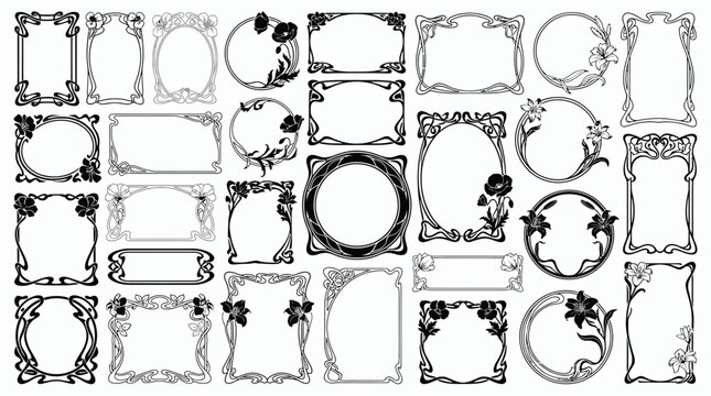 Set of black and white art nouveau floral ornamental frames with decorative borders on isolated background, concept for graphic invitation design, wedding stationery layout and vintage card decoration