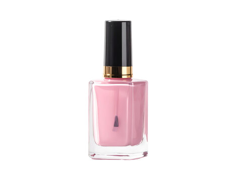 Elegant glass bottle of pale pink polish, topped with black