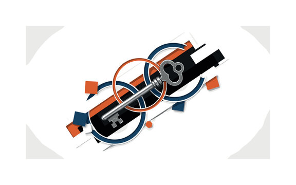 Monochrome vintage skeleton key placed diagonally across the composition, intersected by abstract circular halos symbolizing hidden secrets, structured