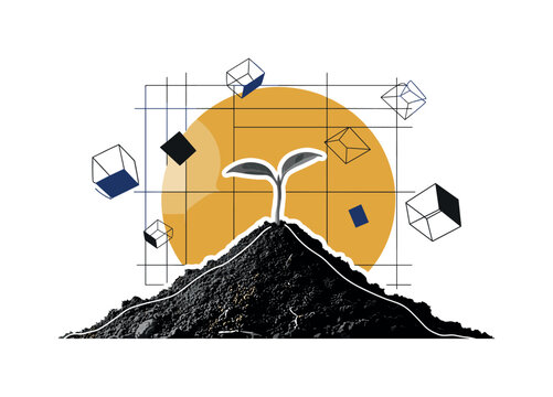 Black and white realistic soil mound with a single small plant emerging, oversized abstract circle behind representing growth, thin grid lines and geometric