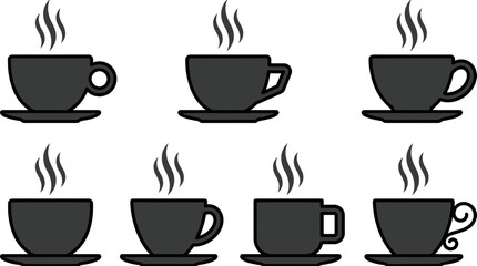 Obraz premium Set of various steaming coffee cup icons on white background, concept for cafe menu design, restaurant branding and morning beverage advertisement