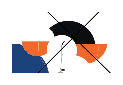 A monochrome stage setup with a single microphone stand isolated in negative space, bold semicircles and intersecting lines symbolizing performance energy,